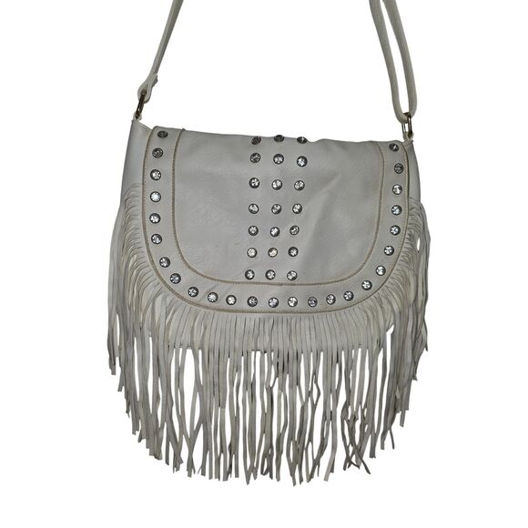 KOGUO White Fringe Shoulder Bag Purse | Studded Western Boho | Women’s Handbag - Picture 12 of 14